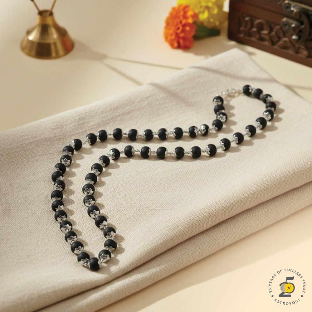 Karungali Beads Silver Cap Mala - 54 Beads, 6mm